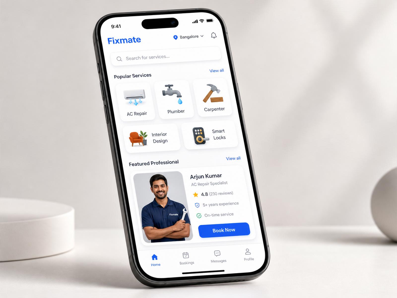 Fixmate service selection showing home service categories and the request flow
