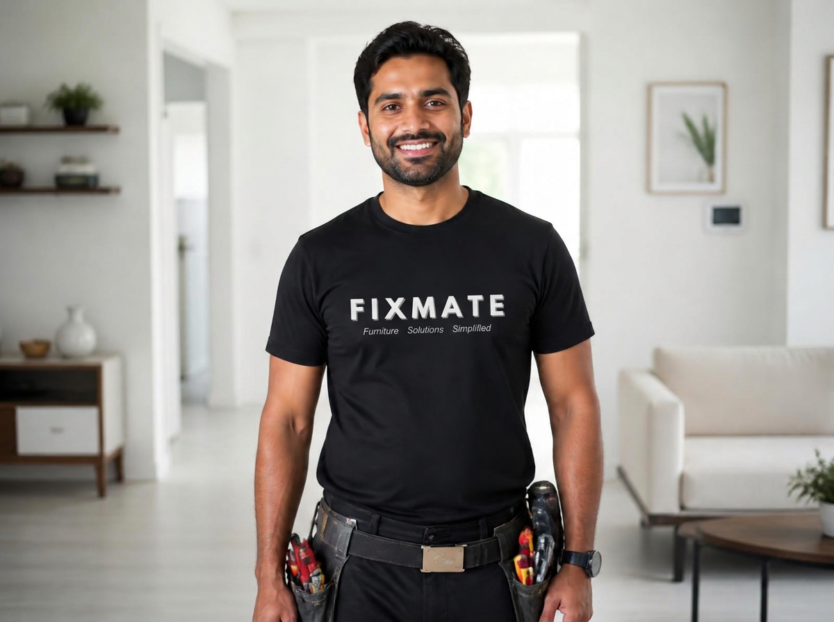 Fixmate technician in a branded black Fixmate t-shirt inside a bright modern home